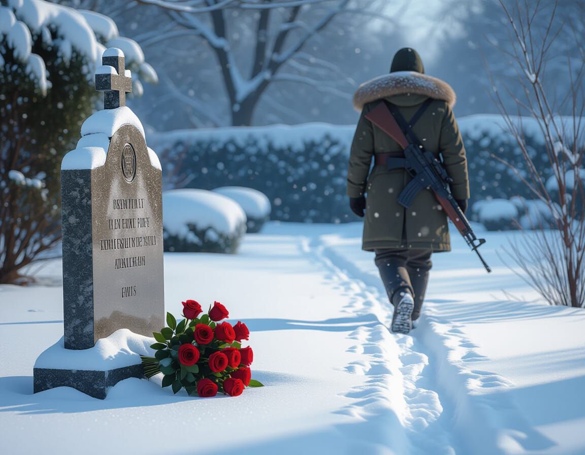 Soldier Visits Snowy Grave with Roses