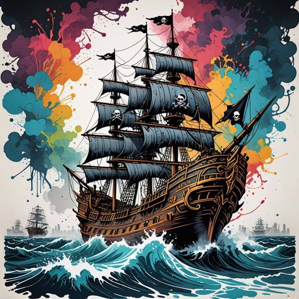 Pirate Ship Inkpunk Splash Art Illustration