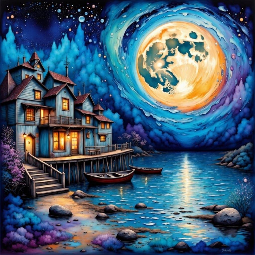 Seaside Village Under Swirling Moon