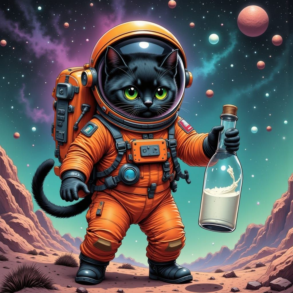 Meow-ho-ho and a bottle of cream - spacecat version