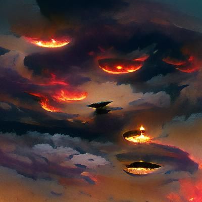 Sinister UFOs Soaring Above Fiery Sky