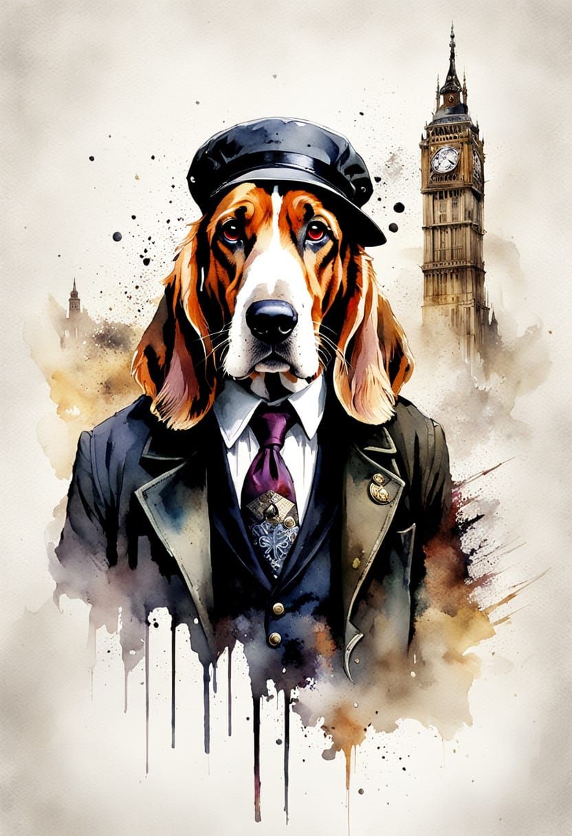 Basset Hound Detective in Watercolor Ink Splash Art