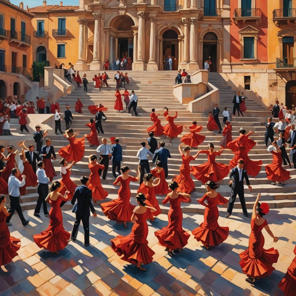 Flamenco Dancers on Spanish Steps, Oil Painting