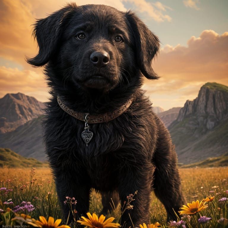 Fantastical Brown and Black Puppy in a Sunny Field