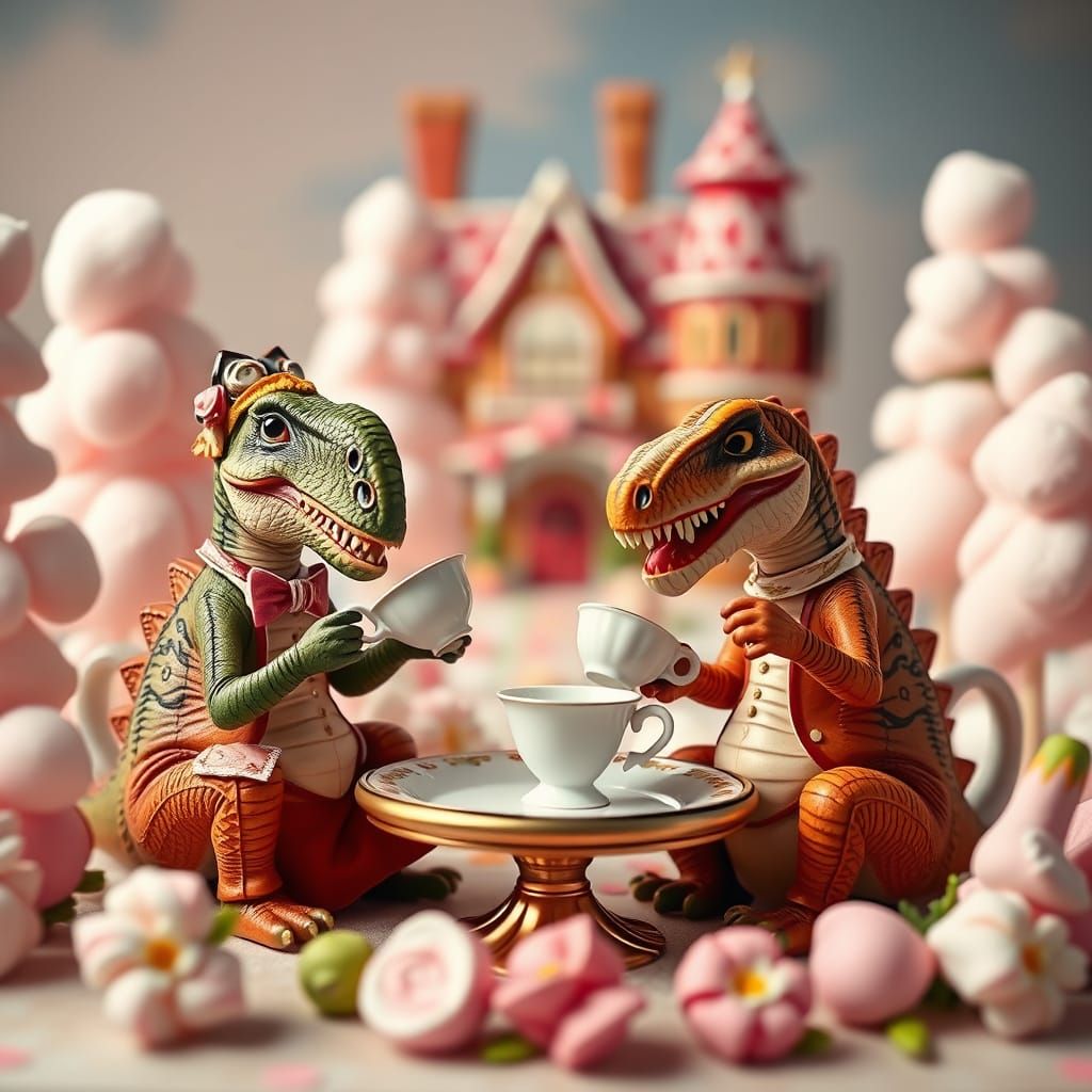 Whimsical Dinosaur Tea Party in Hyperrealistic Style