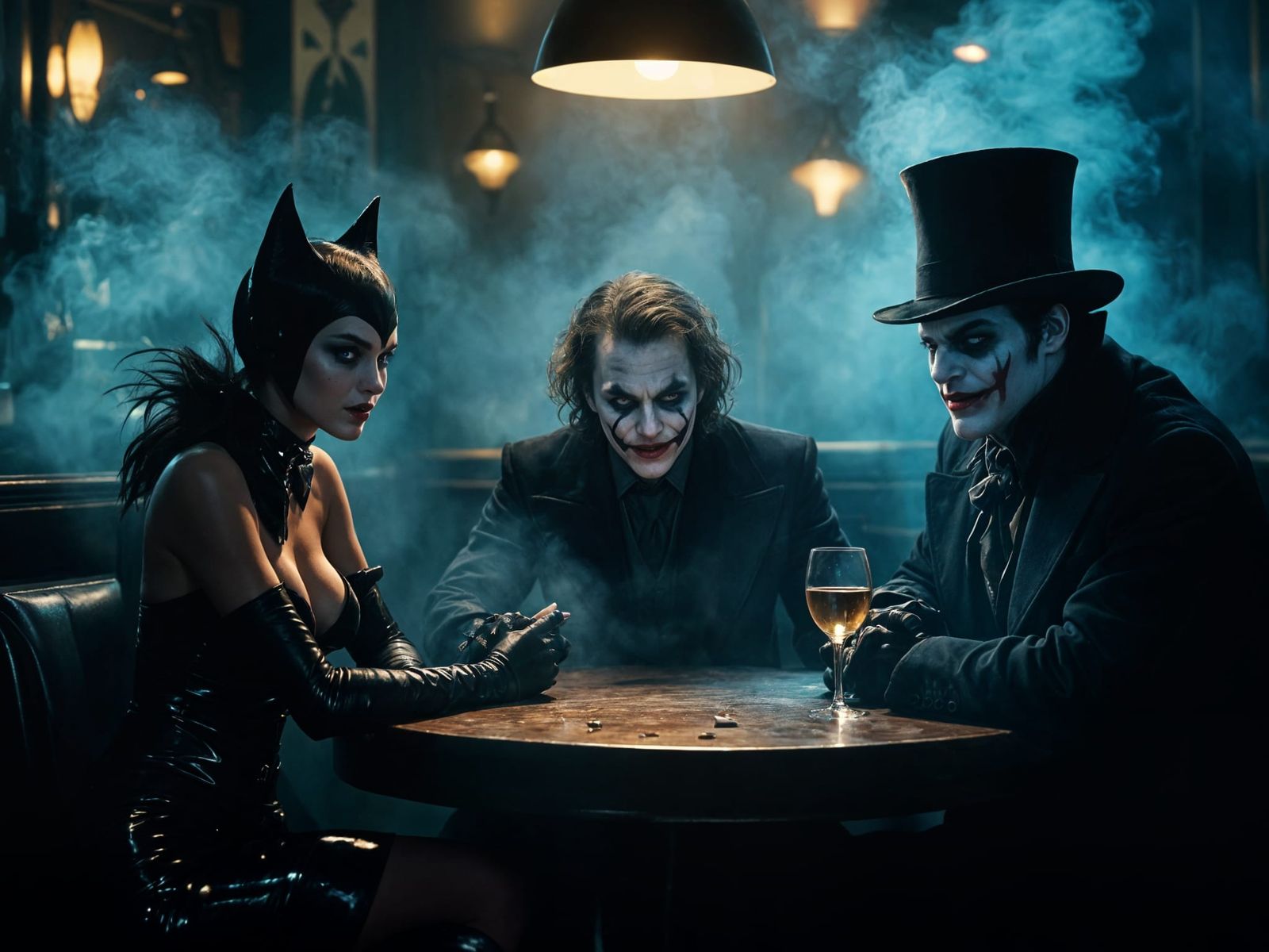 Noir-Inspired Gathering of Gotham's Villains in Smoky Bar