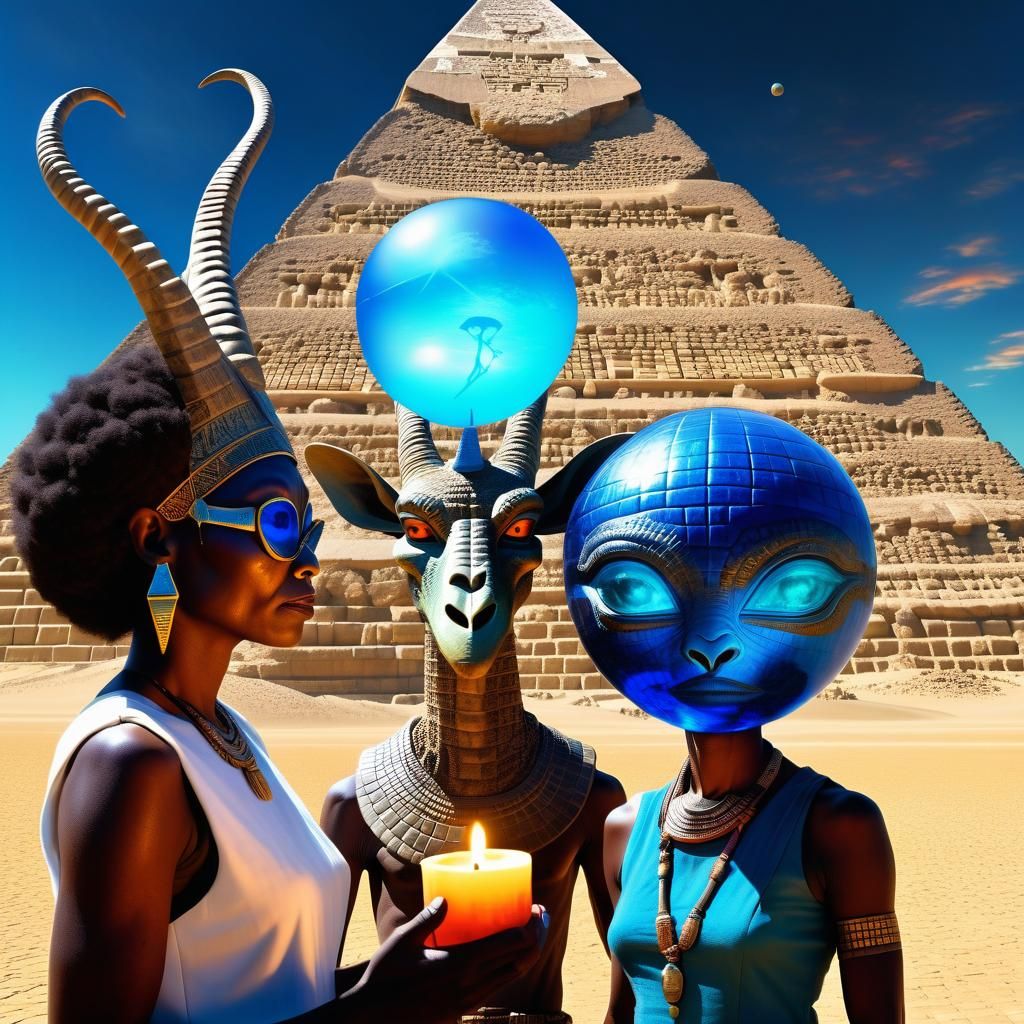 Surreal Masked Figures Meet at Great Pyramid
