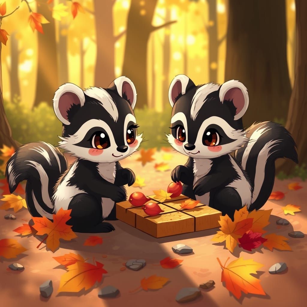 Anime Skunks Play Tic-Tac-Toe With Autumn Leaves