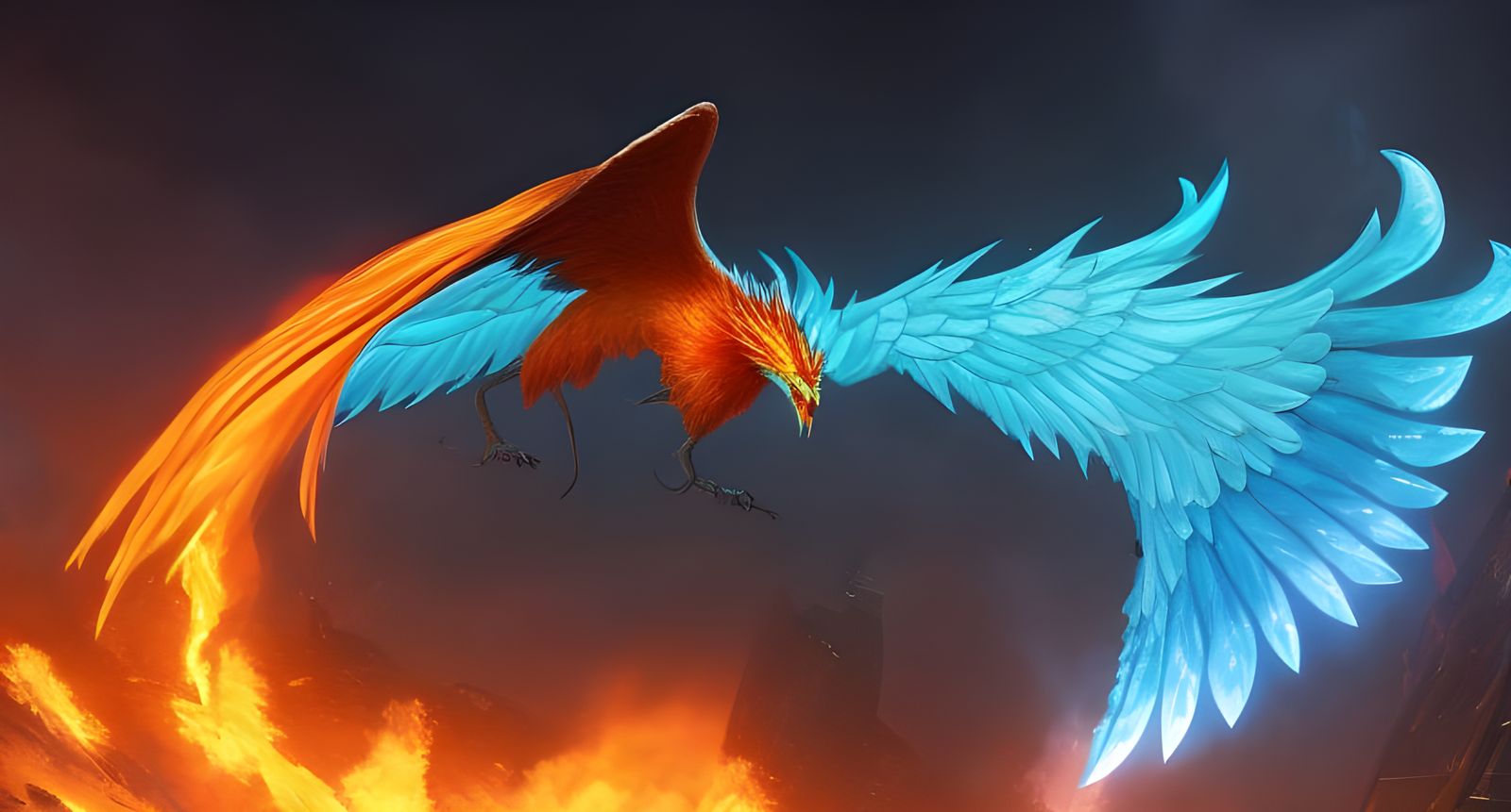 Fire and Ice Phoenix in Jungle Cityscape