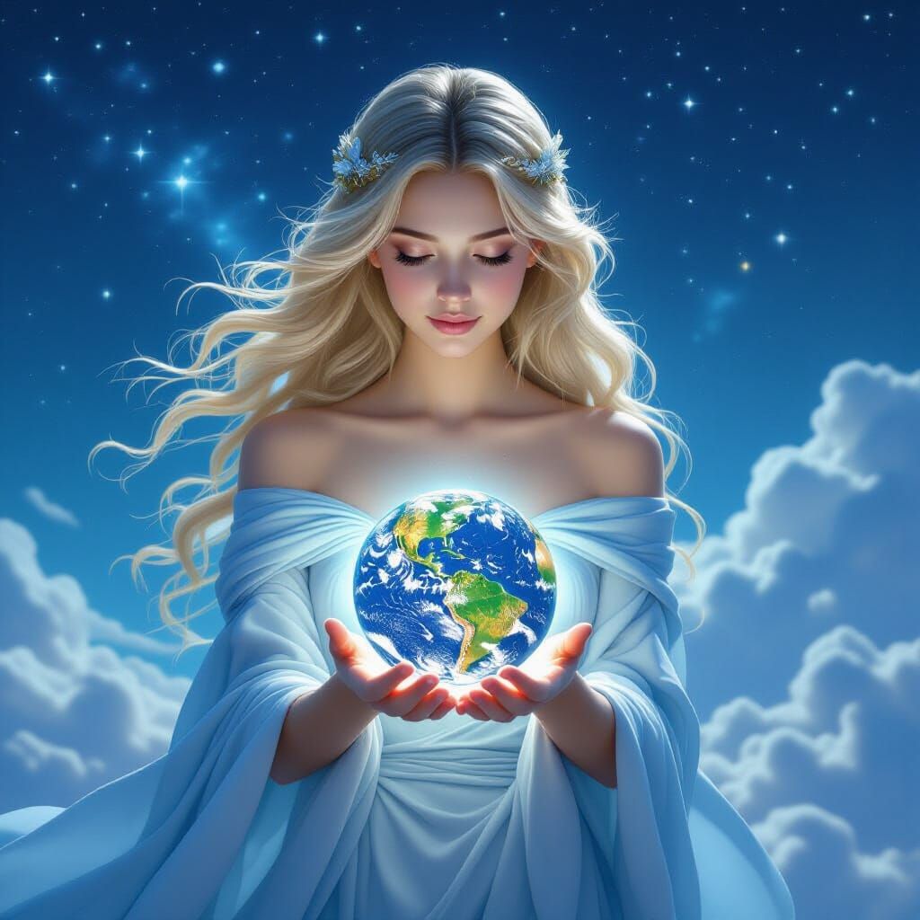 Celestial Woman Protects Glowing Earth in Ethereal Style
