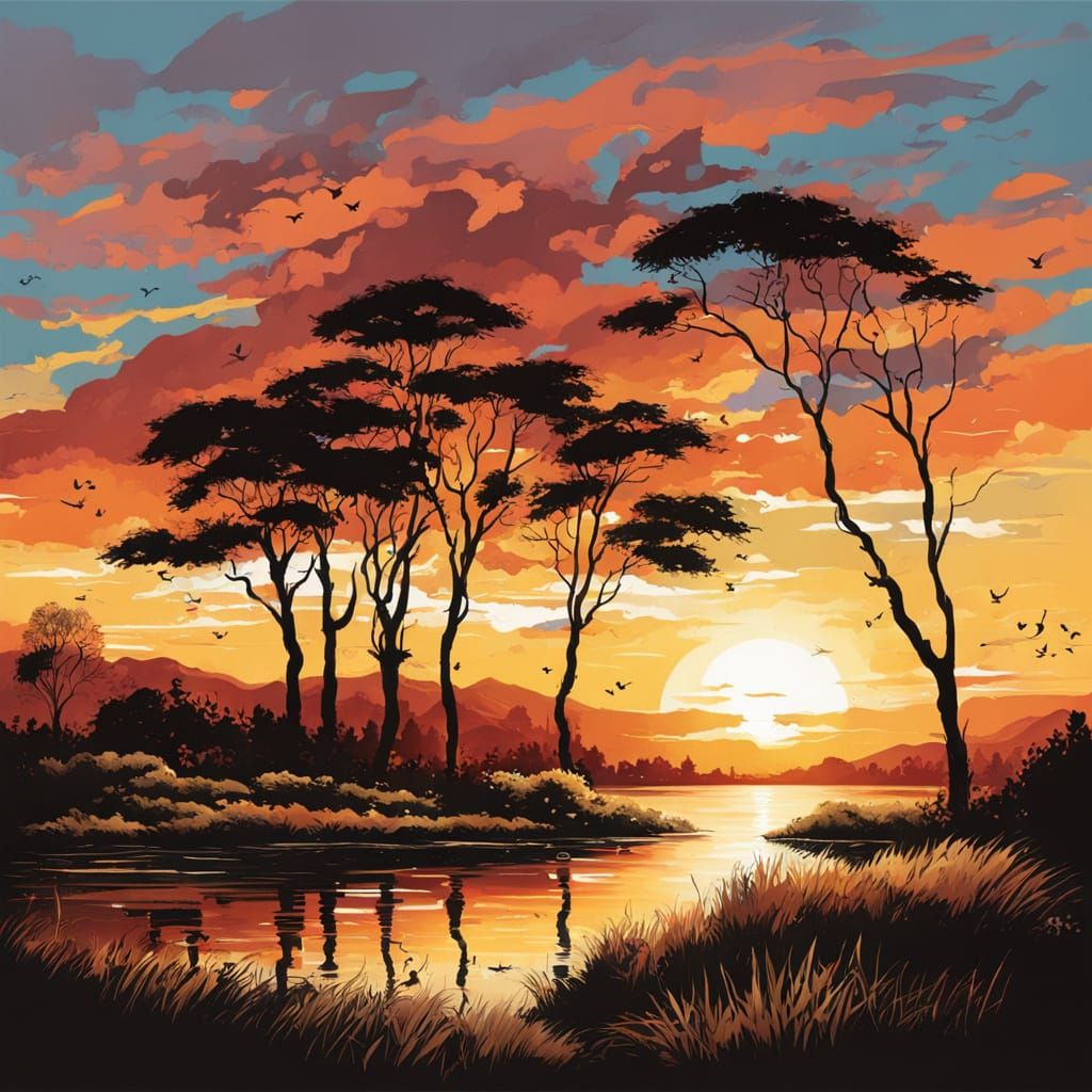 Sunset Landscape in Renaissance Style