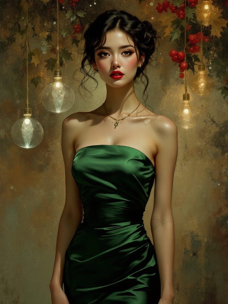Asian Pin-Up Woman in Green Satin Dress