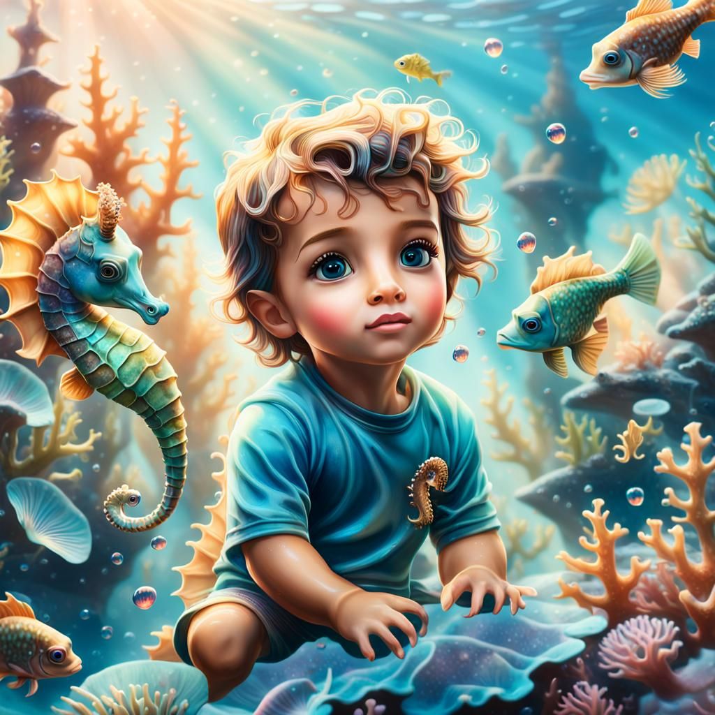 Seahorse Among Fish in Vibrant Aquatic Splash Art