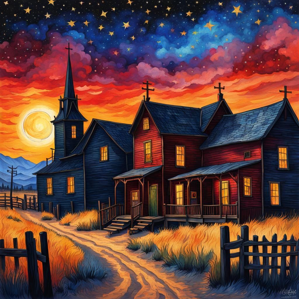 Western Town at Sunset: A Watercolor Van Gogh Tribute