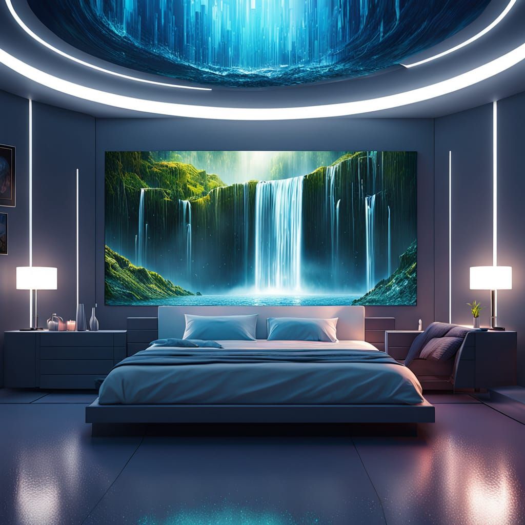 Futuristic Bedroom with Waterfall Hologram in Vivid Digital ...