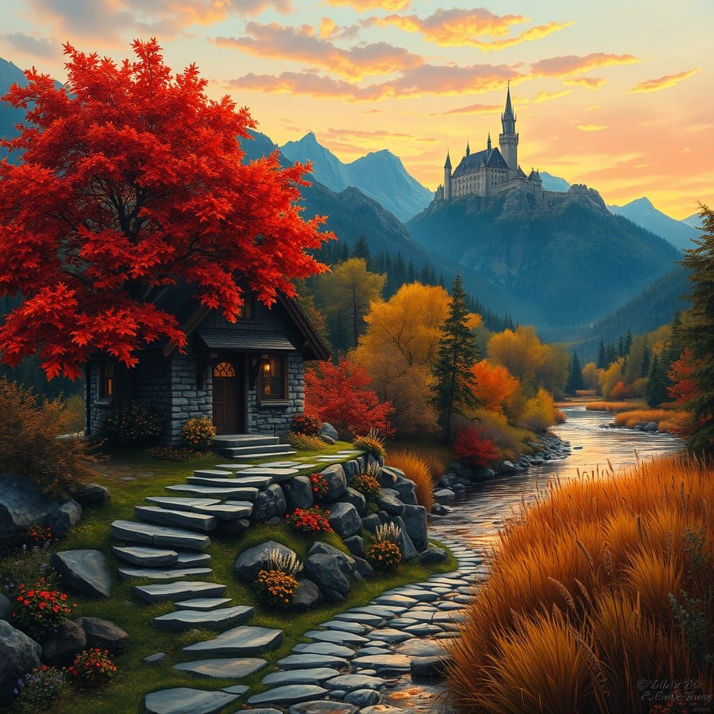 Autumn Cottage Scene in Vibrant Oil Painting Style
