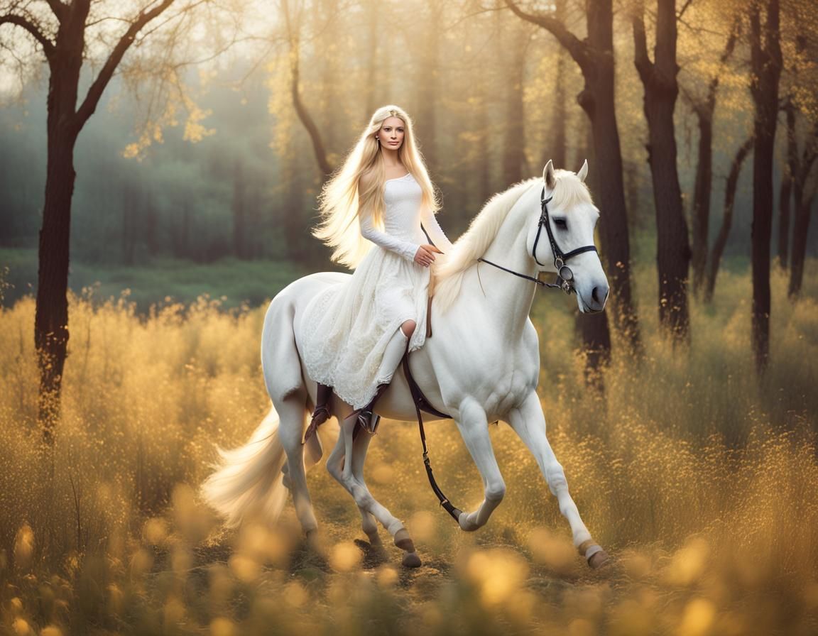 Lady Godiva Smiling on White Horse