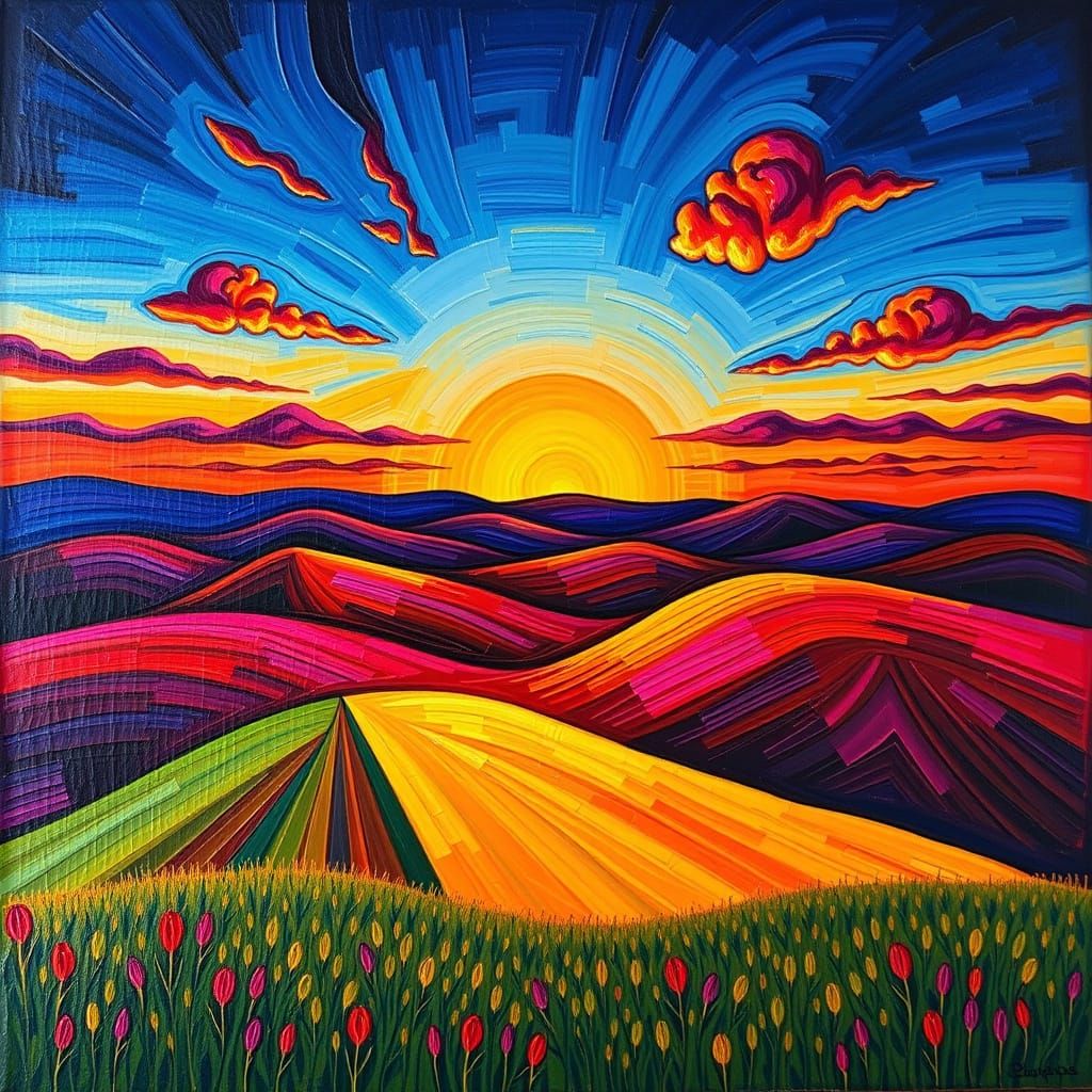Vibrant Sunset Landscape in Impasto Oil Paint