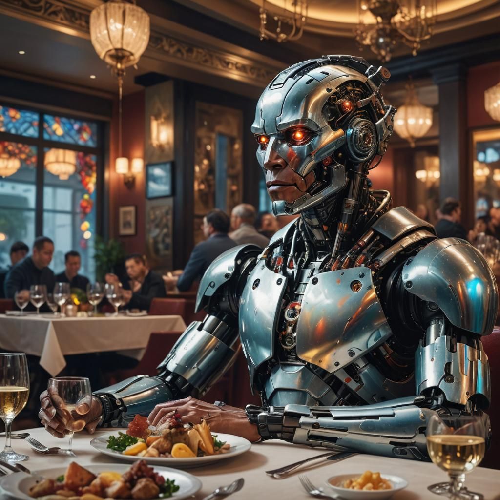 Robot Cyborg Dinner in Hyperrealistic Style