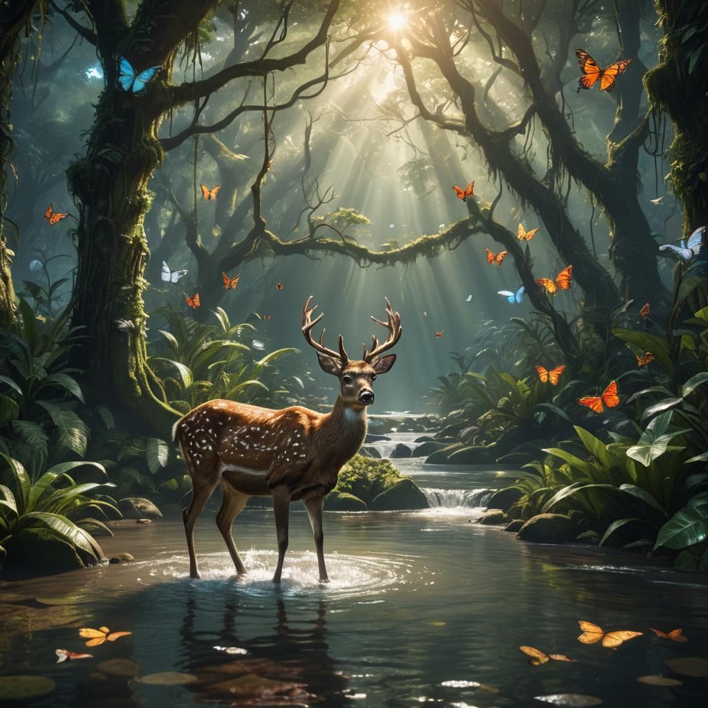 Deer in Rainforest with Sun Rays, Matte Painting