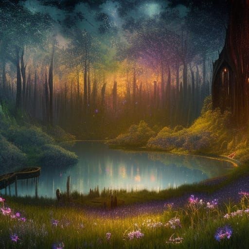 Enchanted Meadow Under Starry Night in High Gothic Style