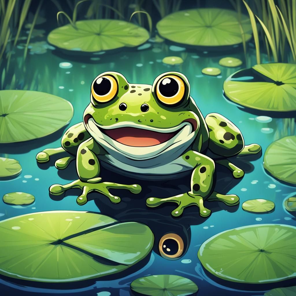 Smiling Frog in Pond, Folk Art Style