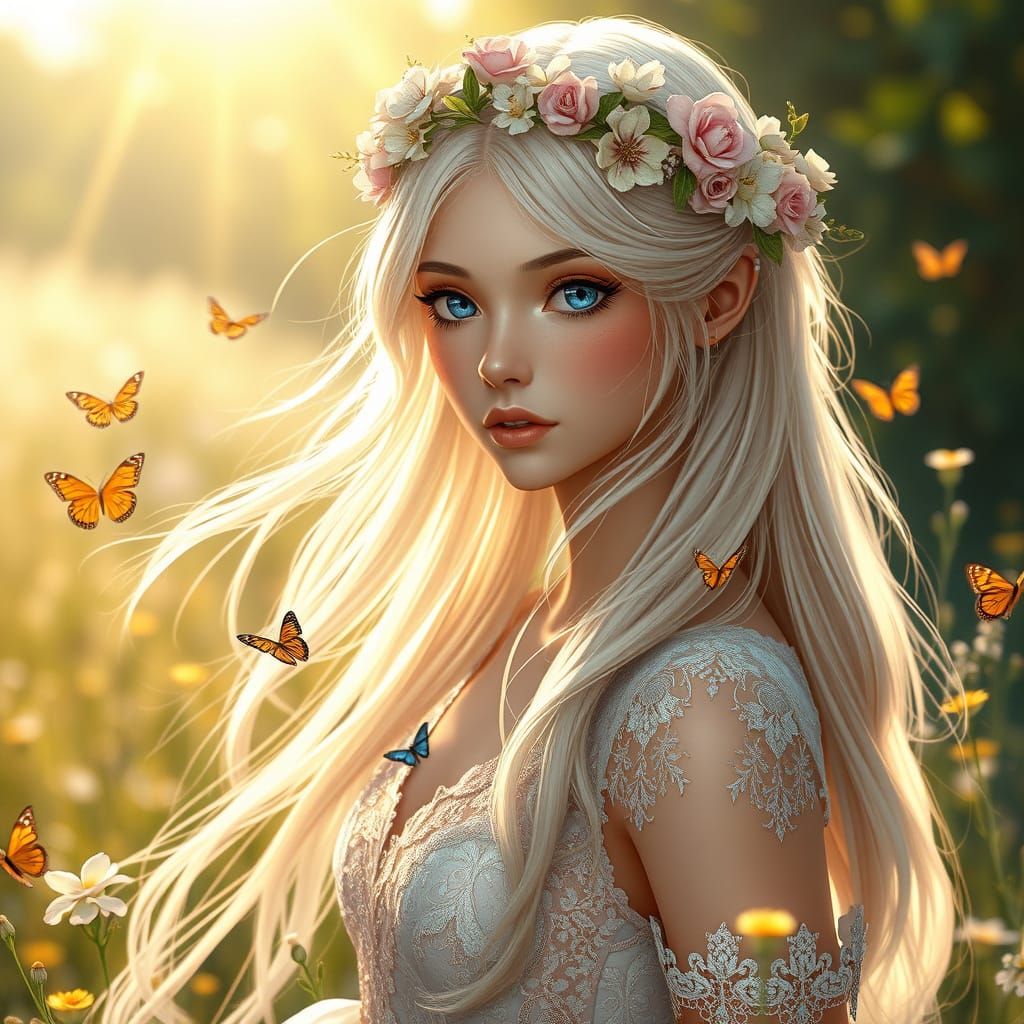 Anime Woman with Sapphire Eyes in Sunlit Meadow