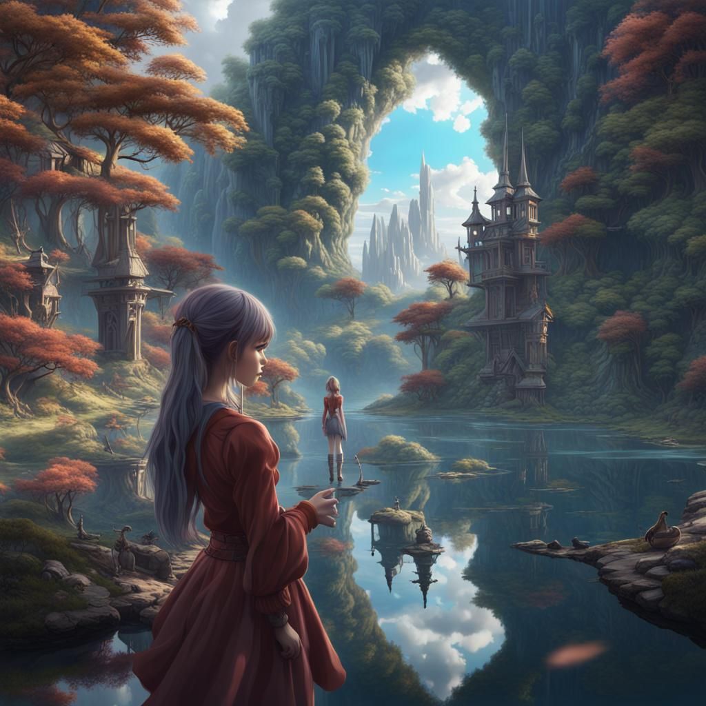 Anime Girl Between Worlds: Magical Landscapes and Reflection