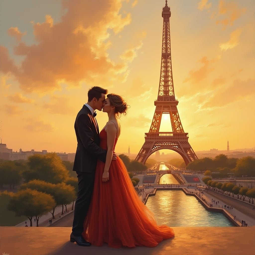 Romantic Couple Kissing Near Eiffel Tower: Impressionism