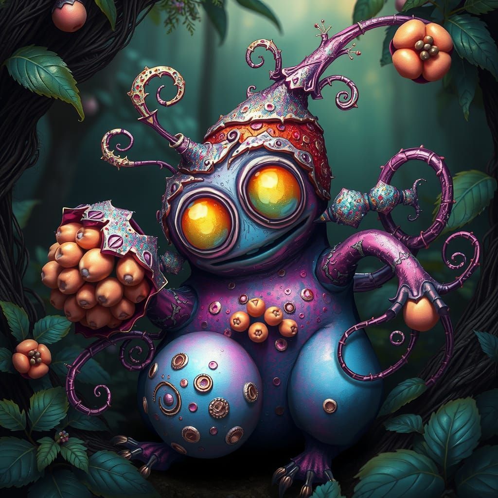 Iridescent Berry Monster in Whimsical Forest