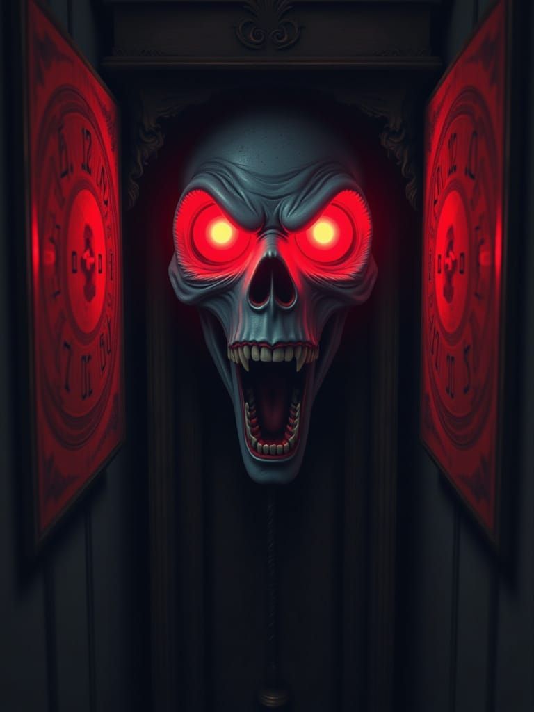 Sinister Grandfather Clock with Red Glowing Eyes