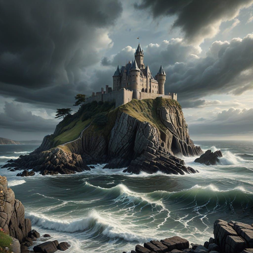 Dramatic Coastal Castle Landscape in Photorealistic Digital ...