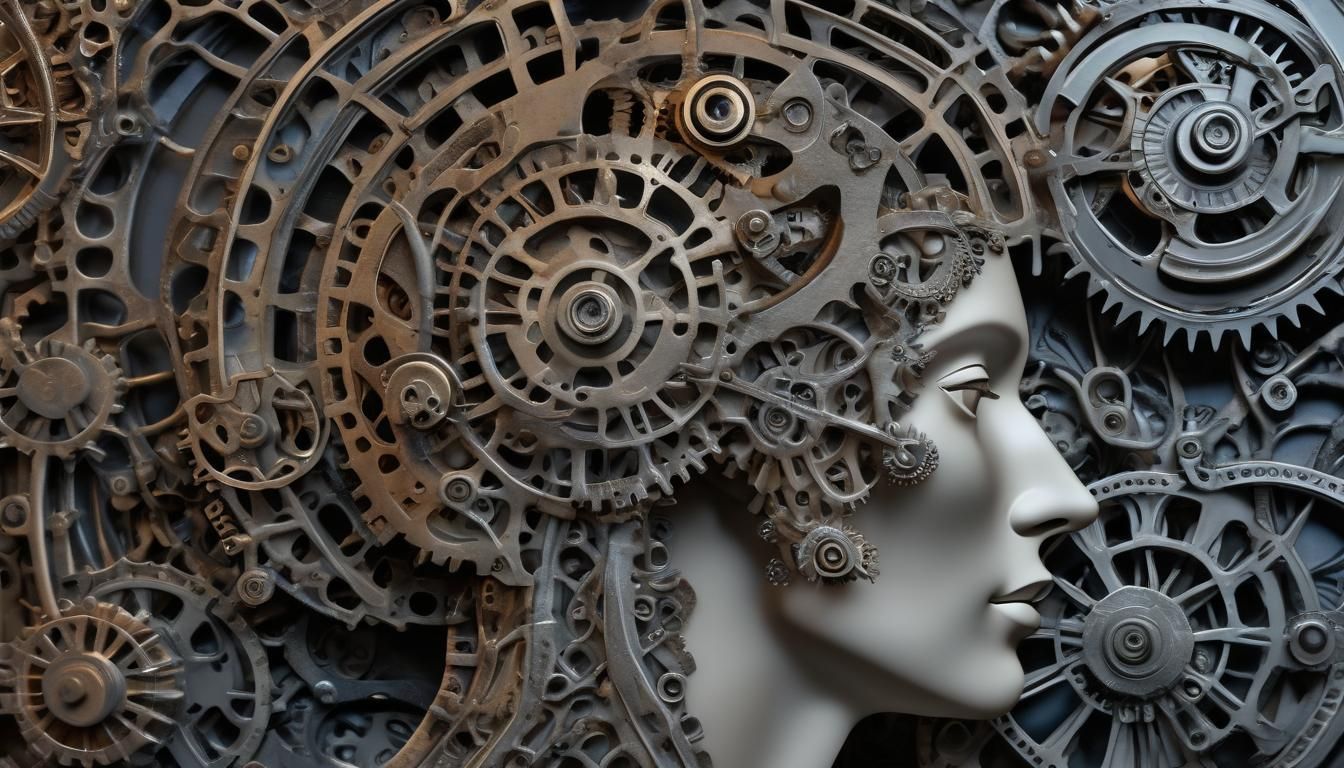Surreal Brain Sculpture with Gears in Dimly Lit Environment