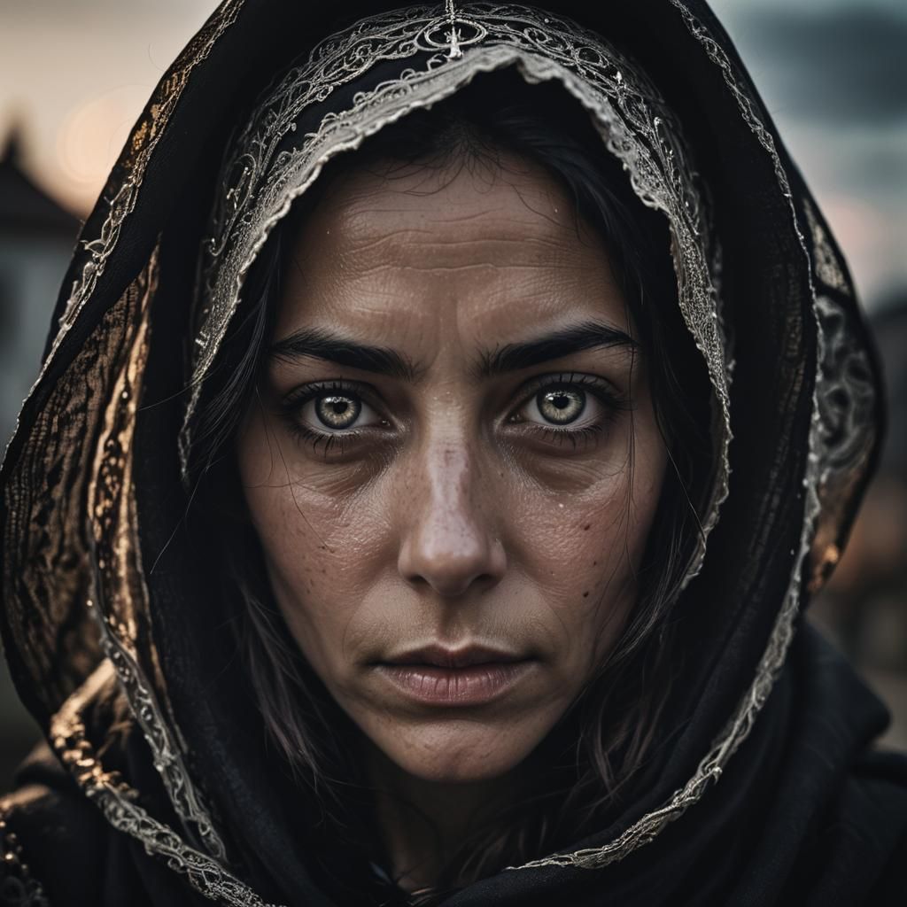 Mysterious Woman in Gothic Setting at Twilight