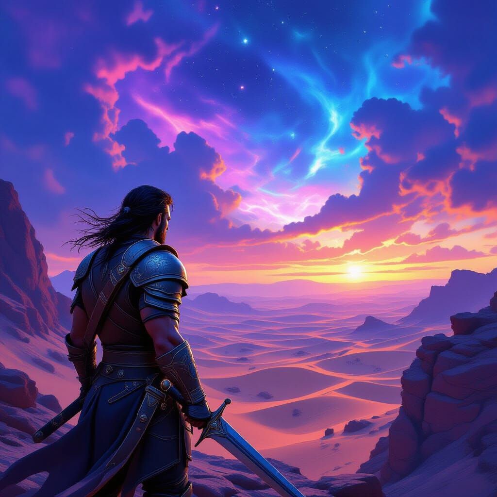 Adventurer on Alien Peak in Photorealistic Style