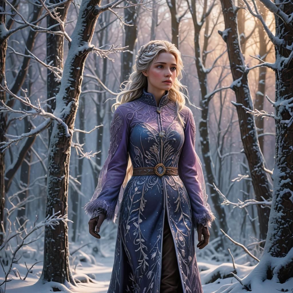 Snow Girl Wanders in Frozen Forest: Digital Art