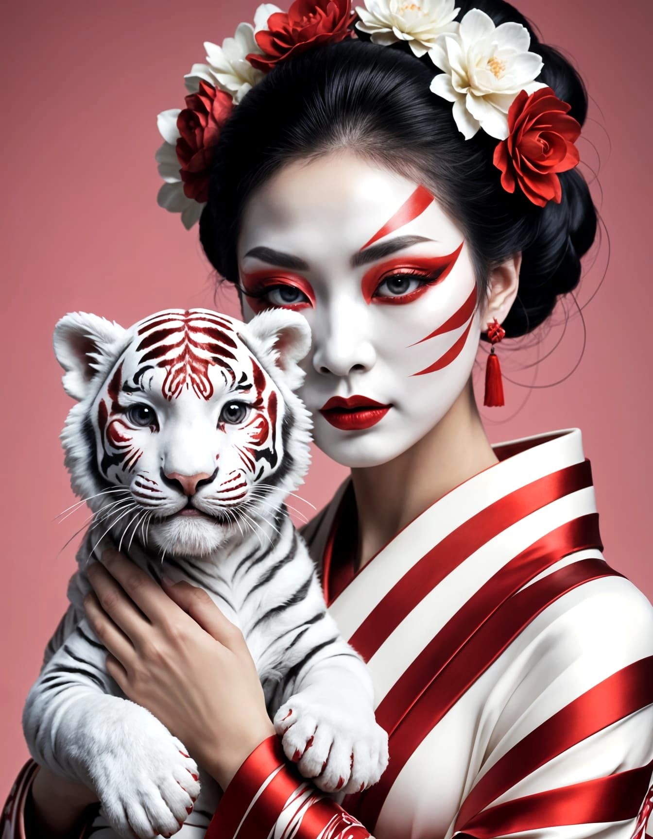 Hyperrealistic Geisha in Futuristic Attire with Baby Tiger C...