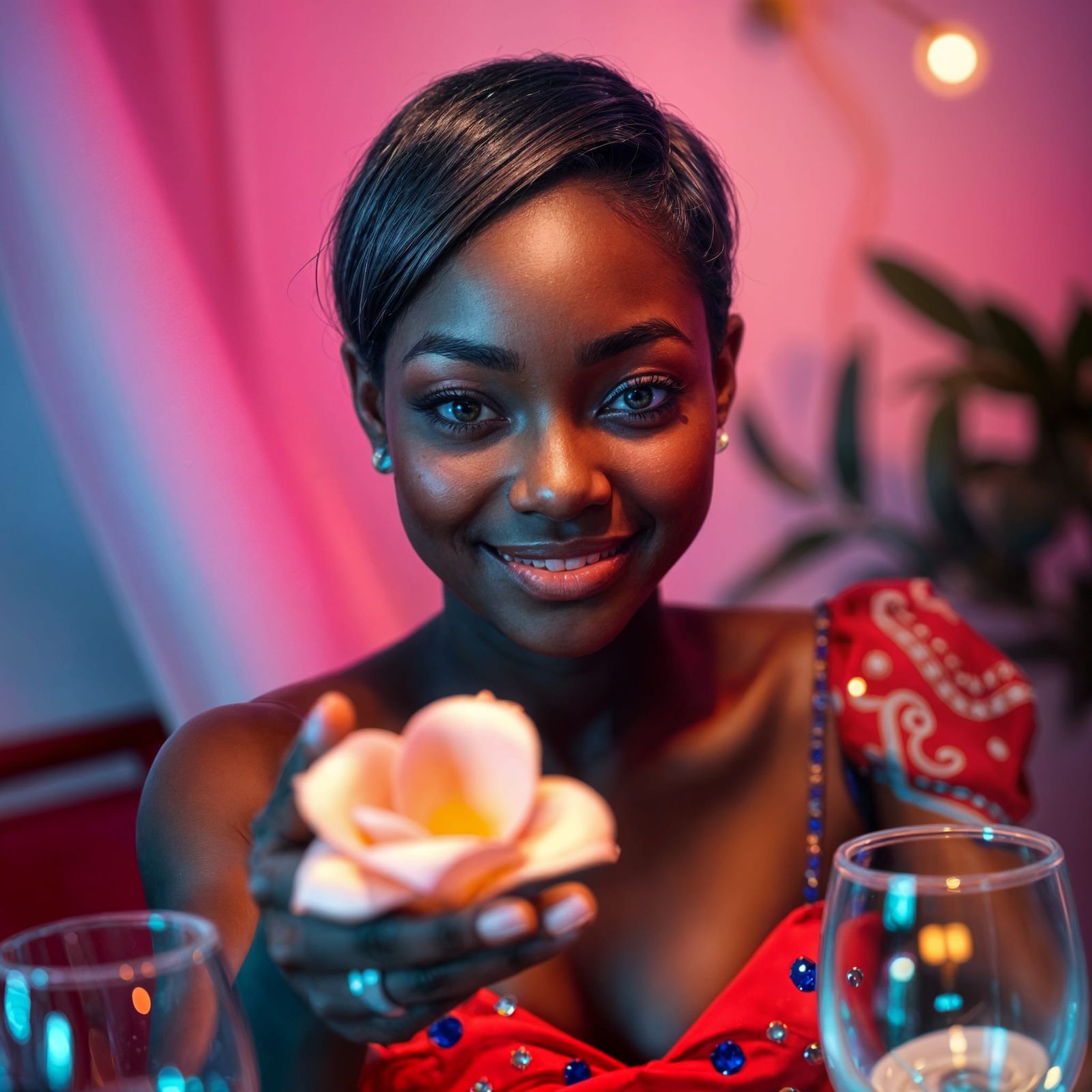 Beautiful Woman Offers Flower with Caring Smile