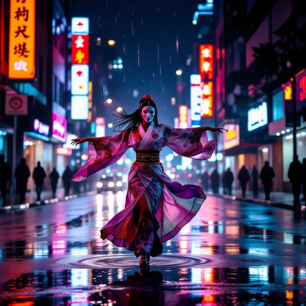 Masked Dancer Spins on Rainy Street with Neon Reflections