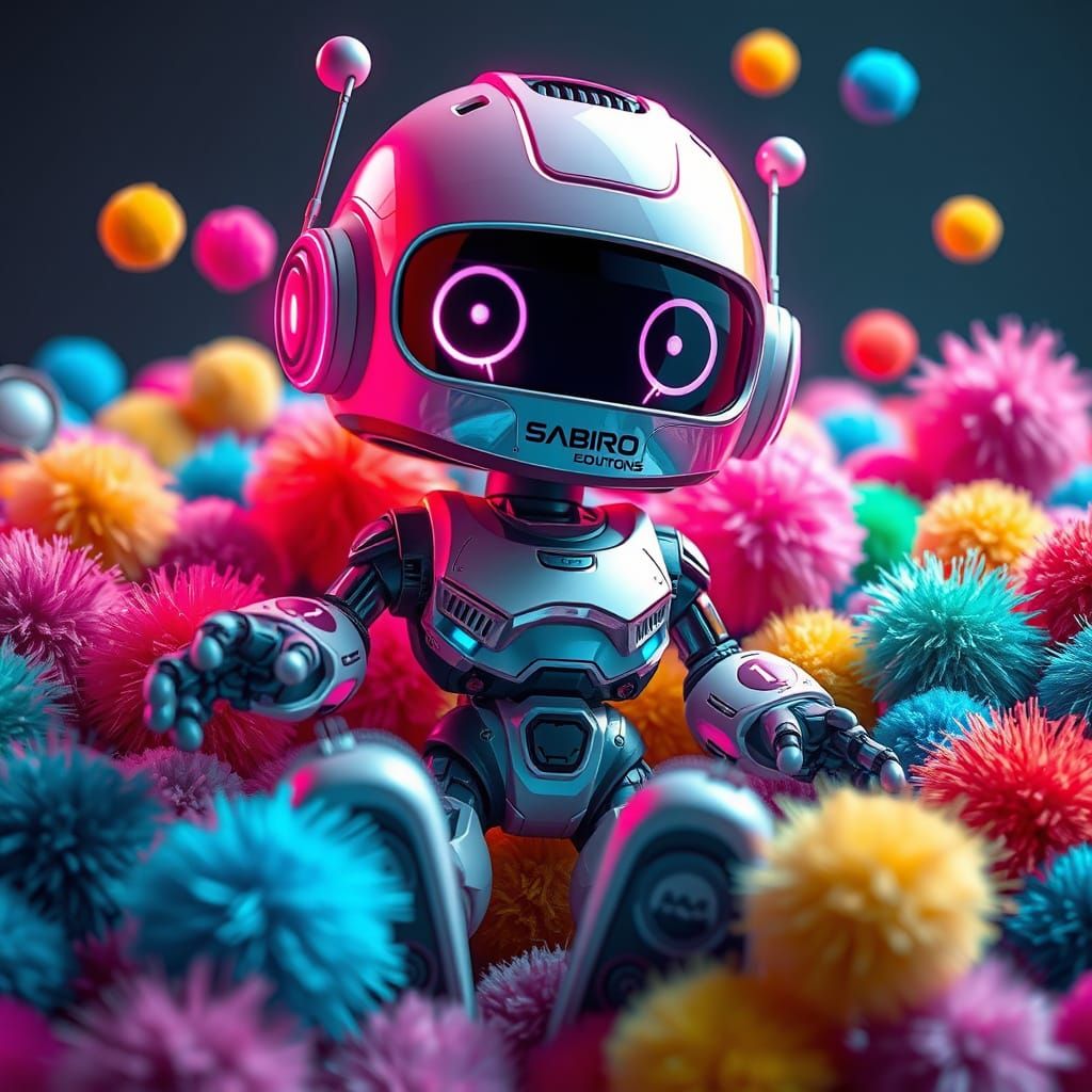 Whimsical Robot Surrounded by Colorful Pompoms