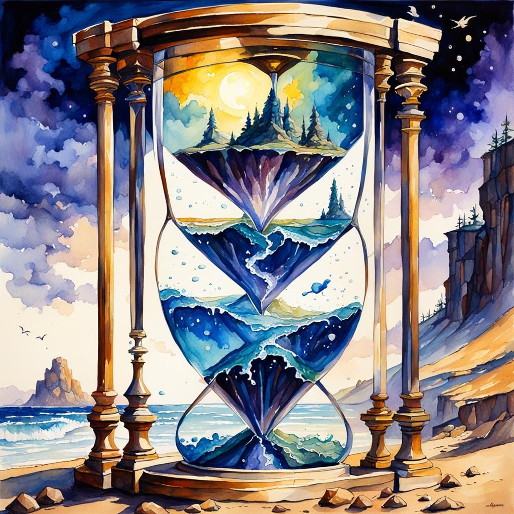 Hourglass: Day Flowing into Night, Fantasy Watercolor
