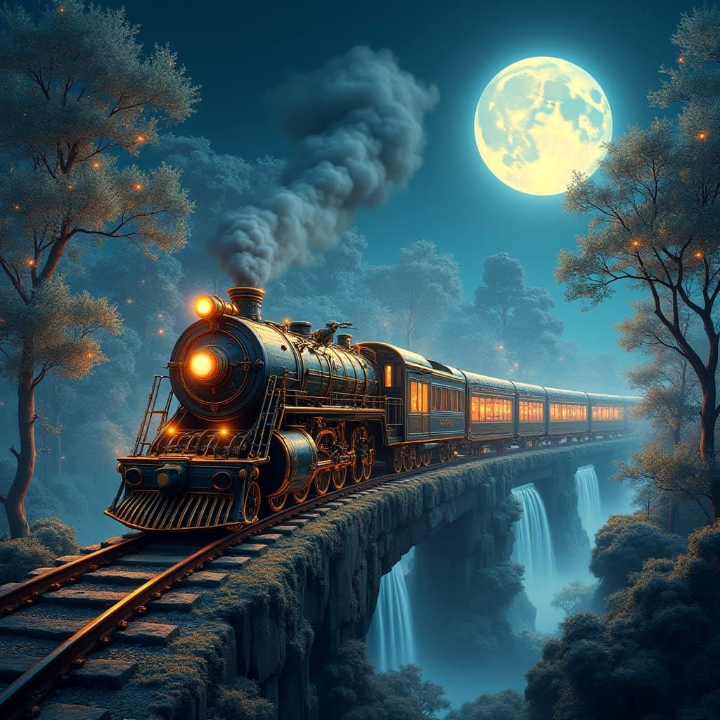Surreal Train Journey Through Dreamlike Crystal Landscape