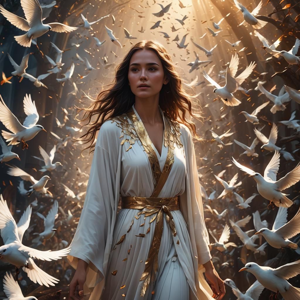 Girl in White Robes Amidst Swarm of Birds