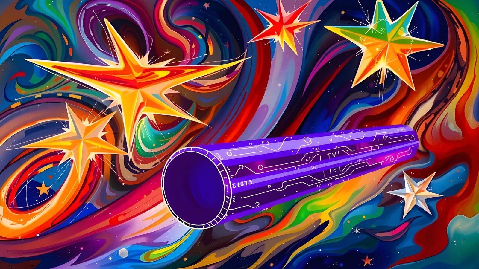 Vivid Metallic Cylinder Races Through Impasto Cosmos