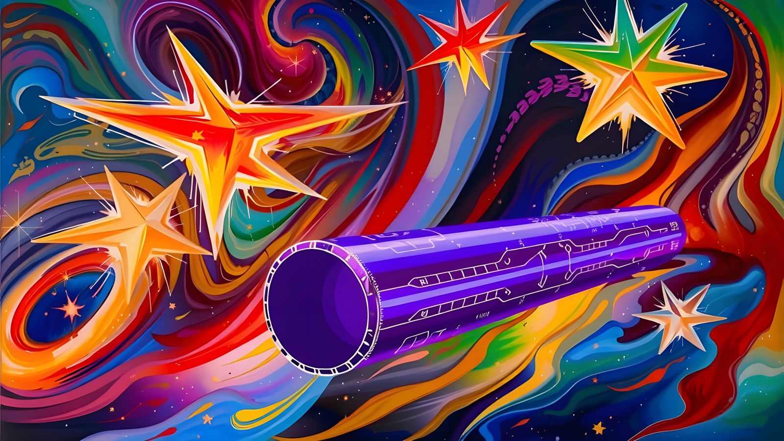 Vibrant Cylinder Races Through Surrealist Cosmos