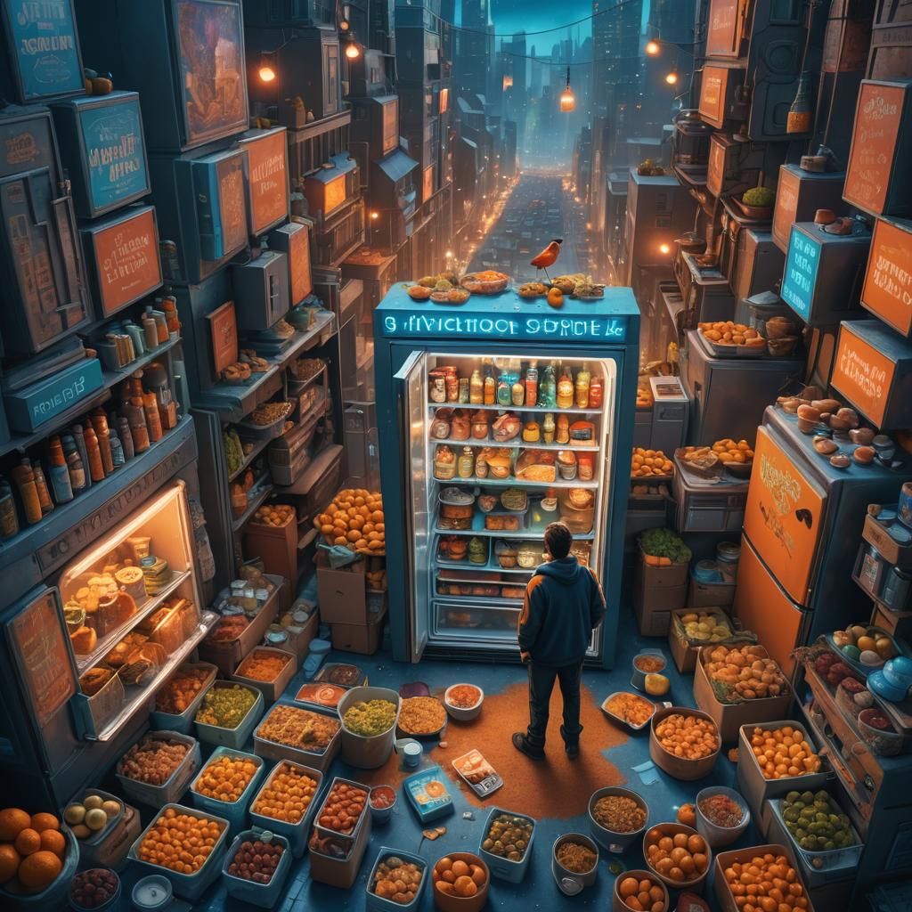 Fantasy Cityscape Protester with Magic Fridge: Matte Paintin...