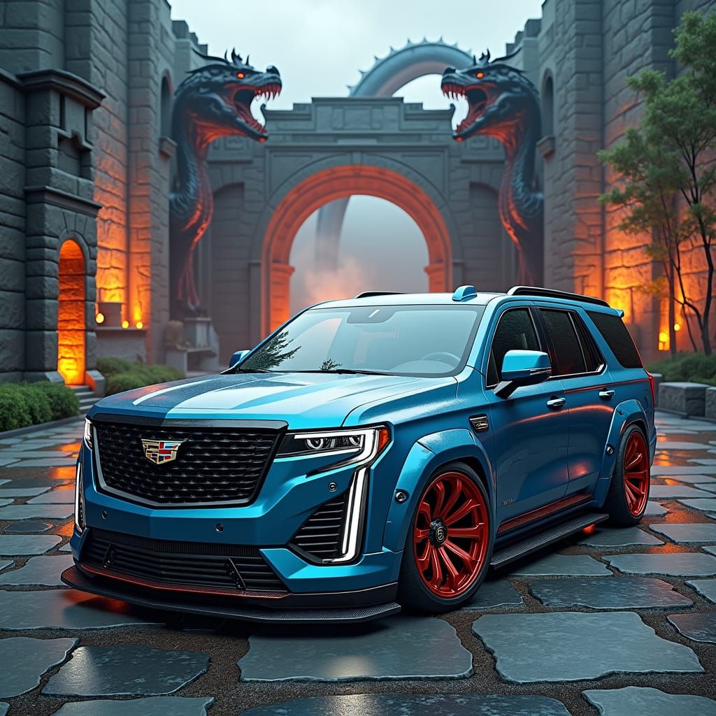 Mortal Kombat Cadillac Escalade in Dark Environment