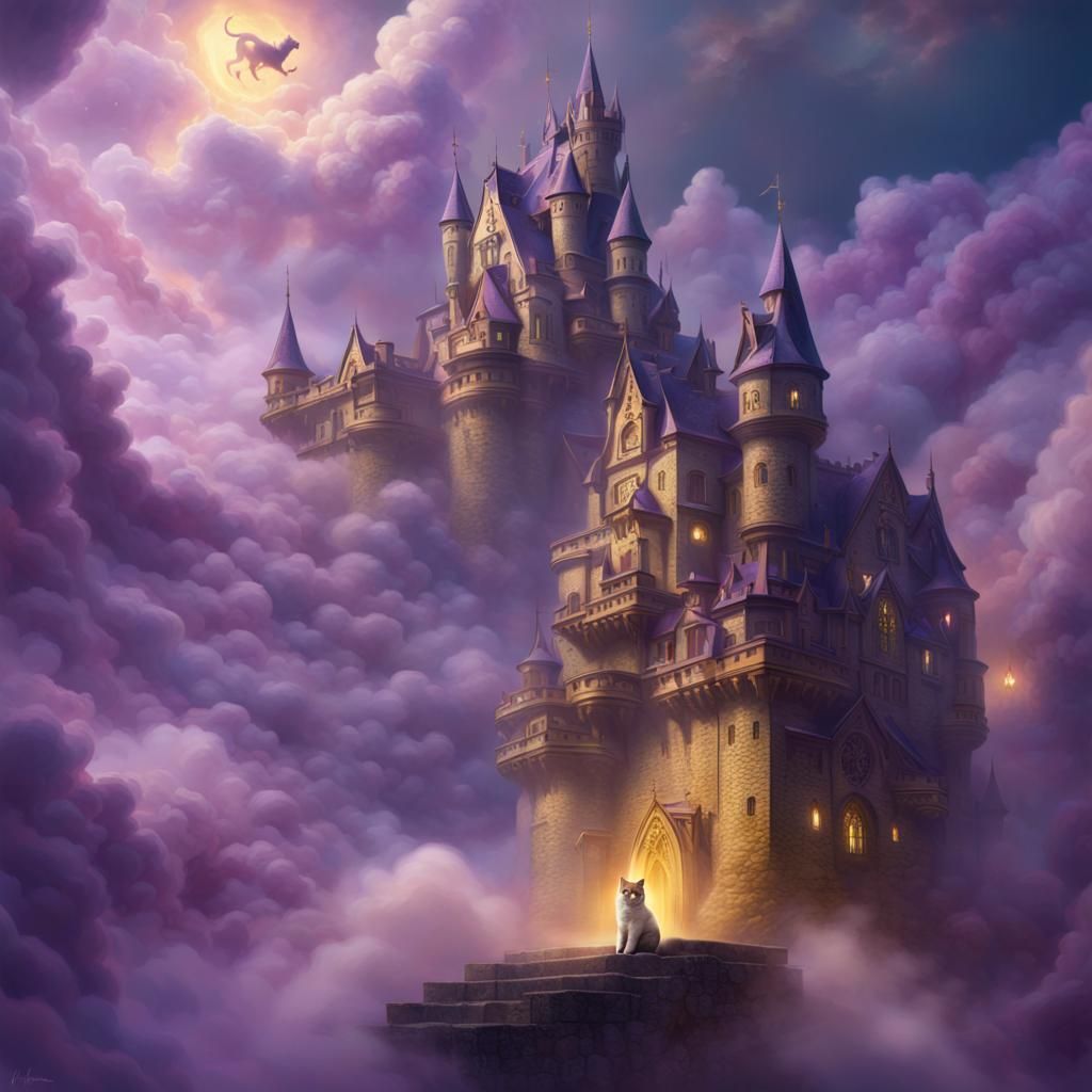 Cat Floating on Cloud in Castle: Dark Fantasy Art