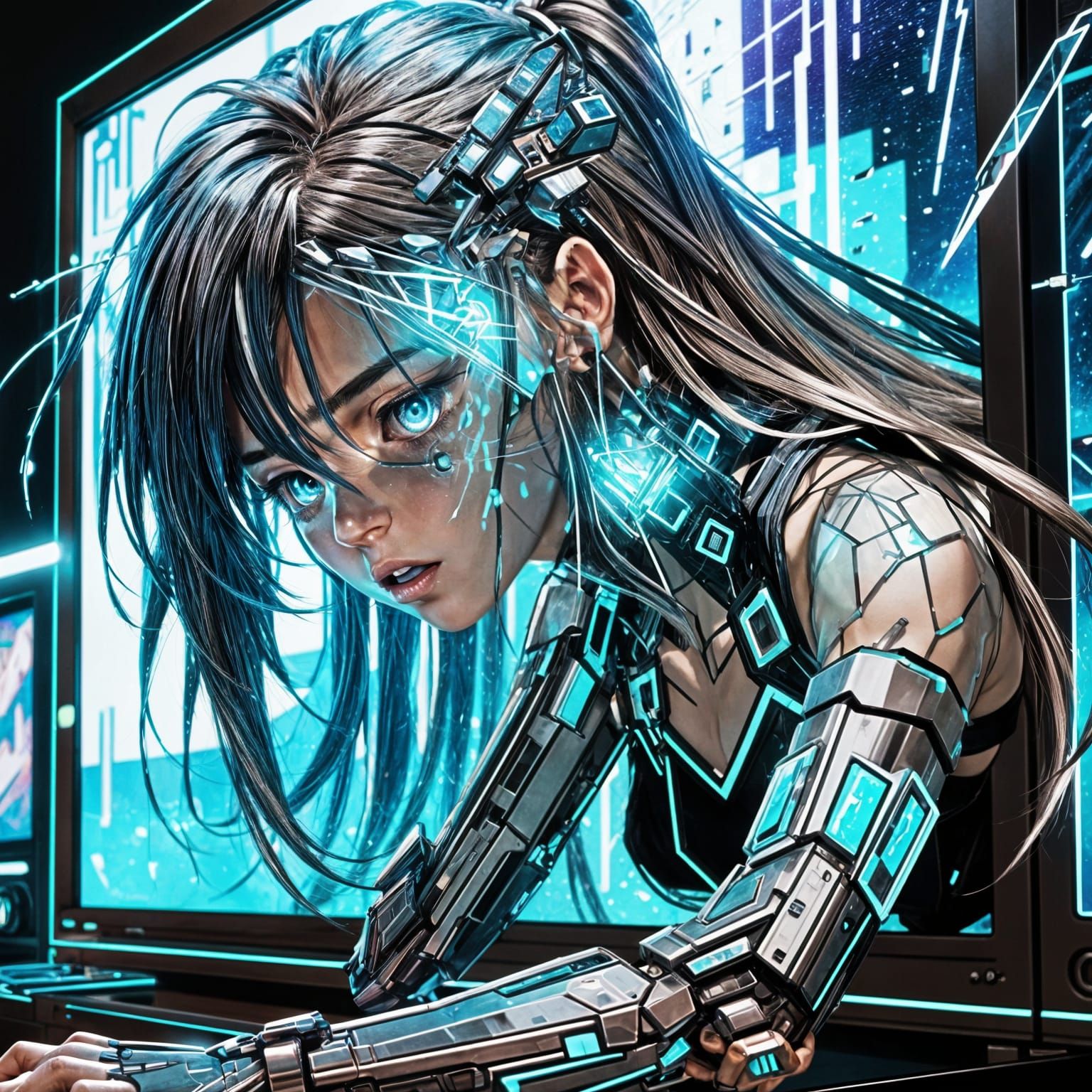 Cyberpunk Girl Shatters Reality in Digital Art