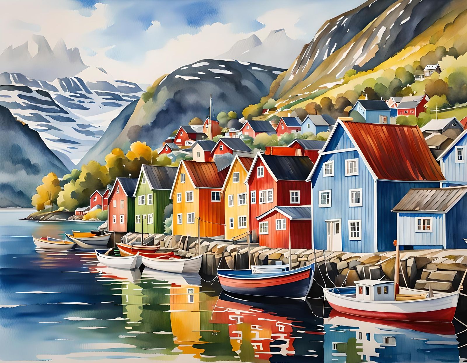 Picturesque Village on Norwegian Fjord: Watercolor